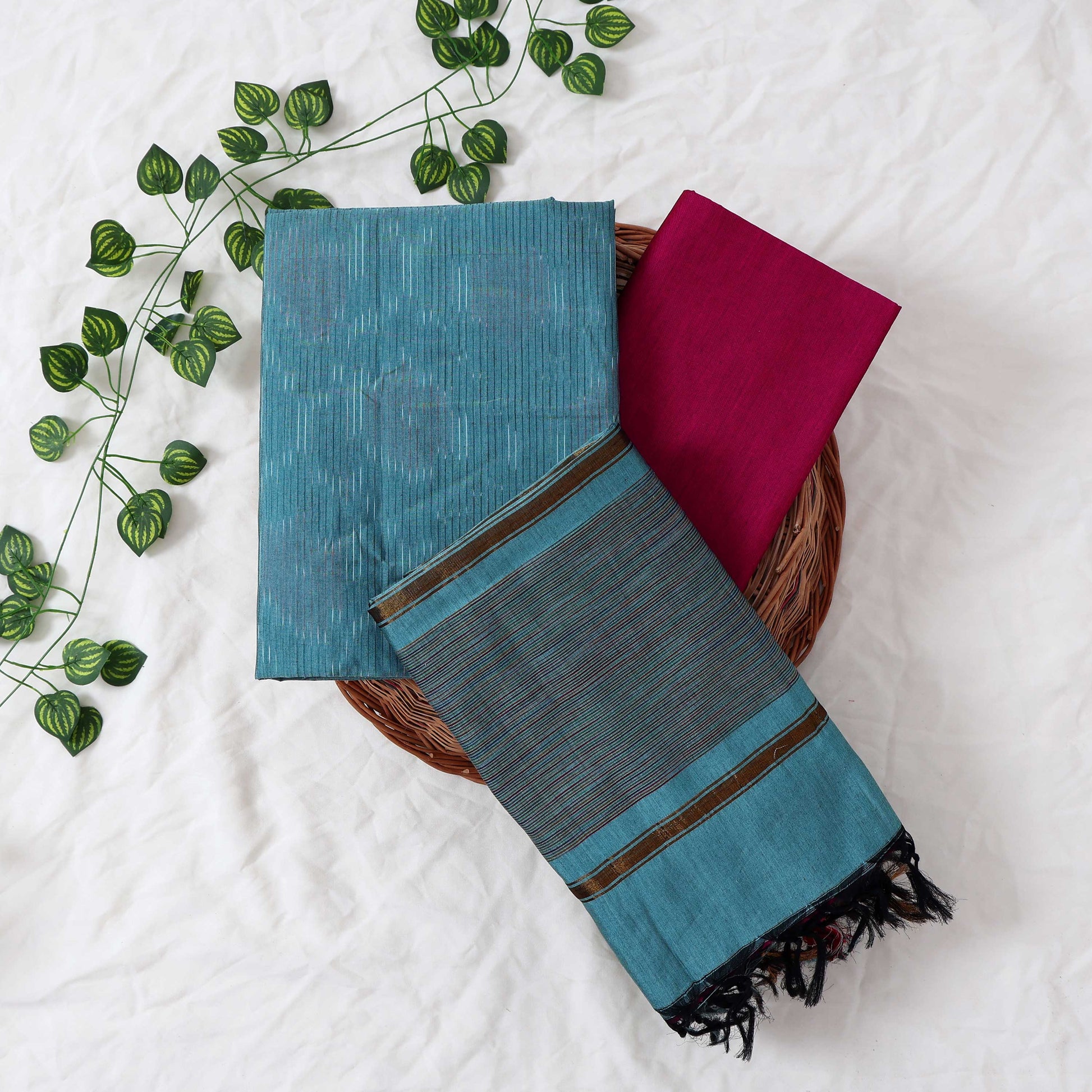 Cotton Salwar Material In Light Blue With Striped Pattern Pink Contrast Dupatta Flat Lay View
