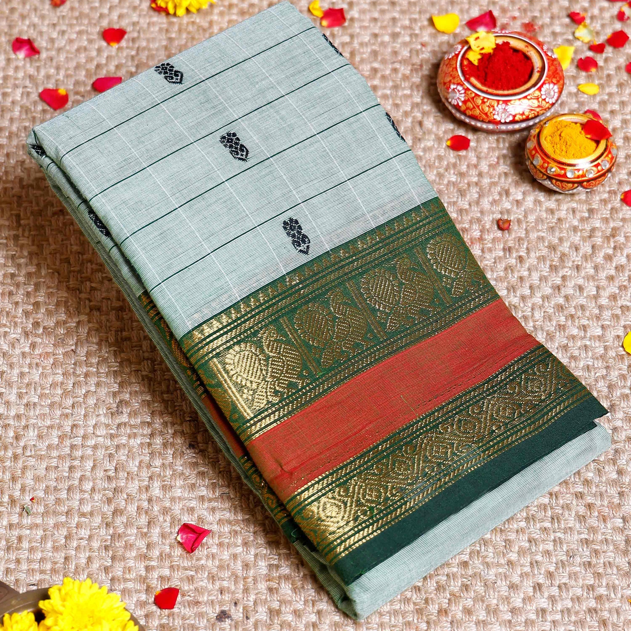 Traditional Chettinad Cotton Saree with Traditional Butta Weave and Zari Border - Light Green