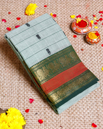 Traditional Chettinad Cotton Saree with Traditional Butta Weave and Zari Border - Light Green
