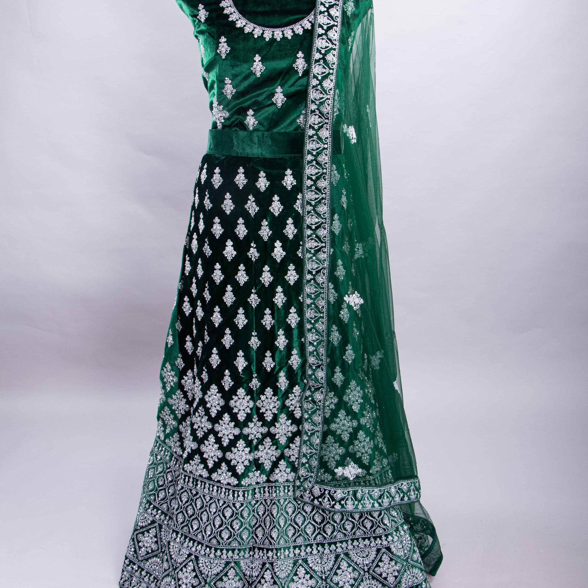 Green Colour Embroidered Semi - Stitched Lehenga