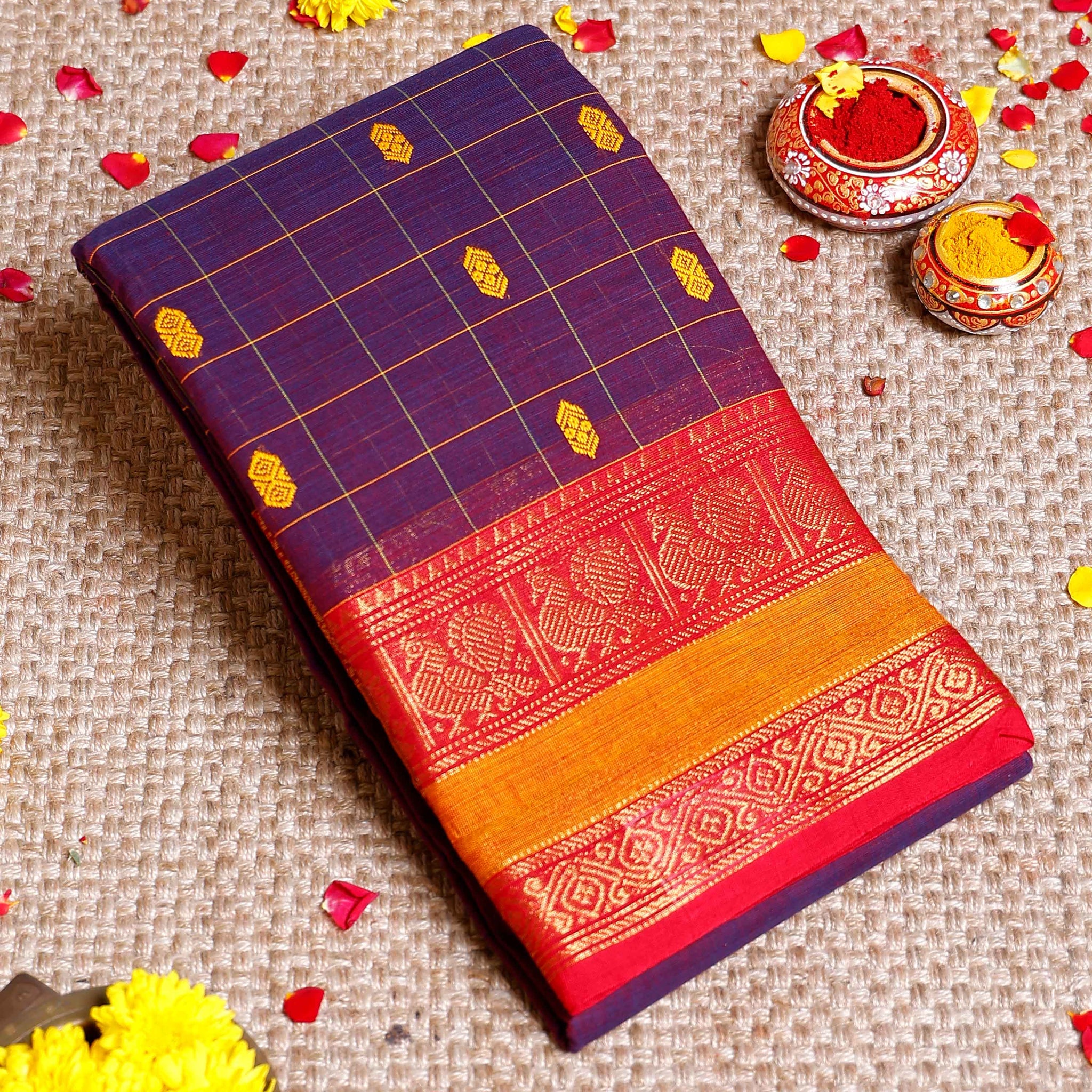 Elegant Chettinad Cotton Saree with Traditional Zari Border & Butta Motifs - Purple