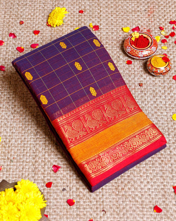 Elegant Chettinad Cotton Saree with Traditional Zari Border & Butta Motifs - Purple