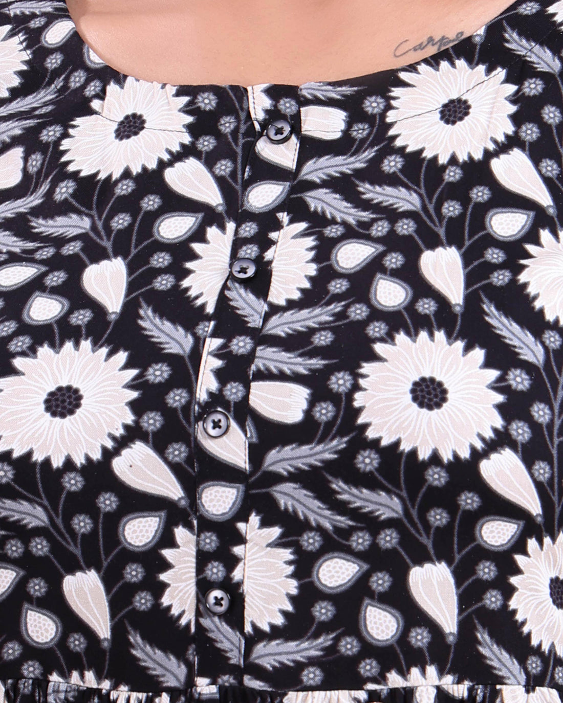 Women's Floral Printed Flared Kurta - Black