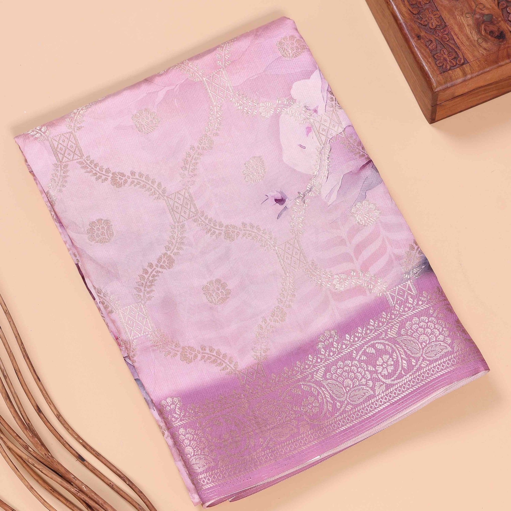 Floral Pattern Dola Silk Saree With Woven Border - Pink