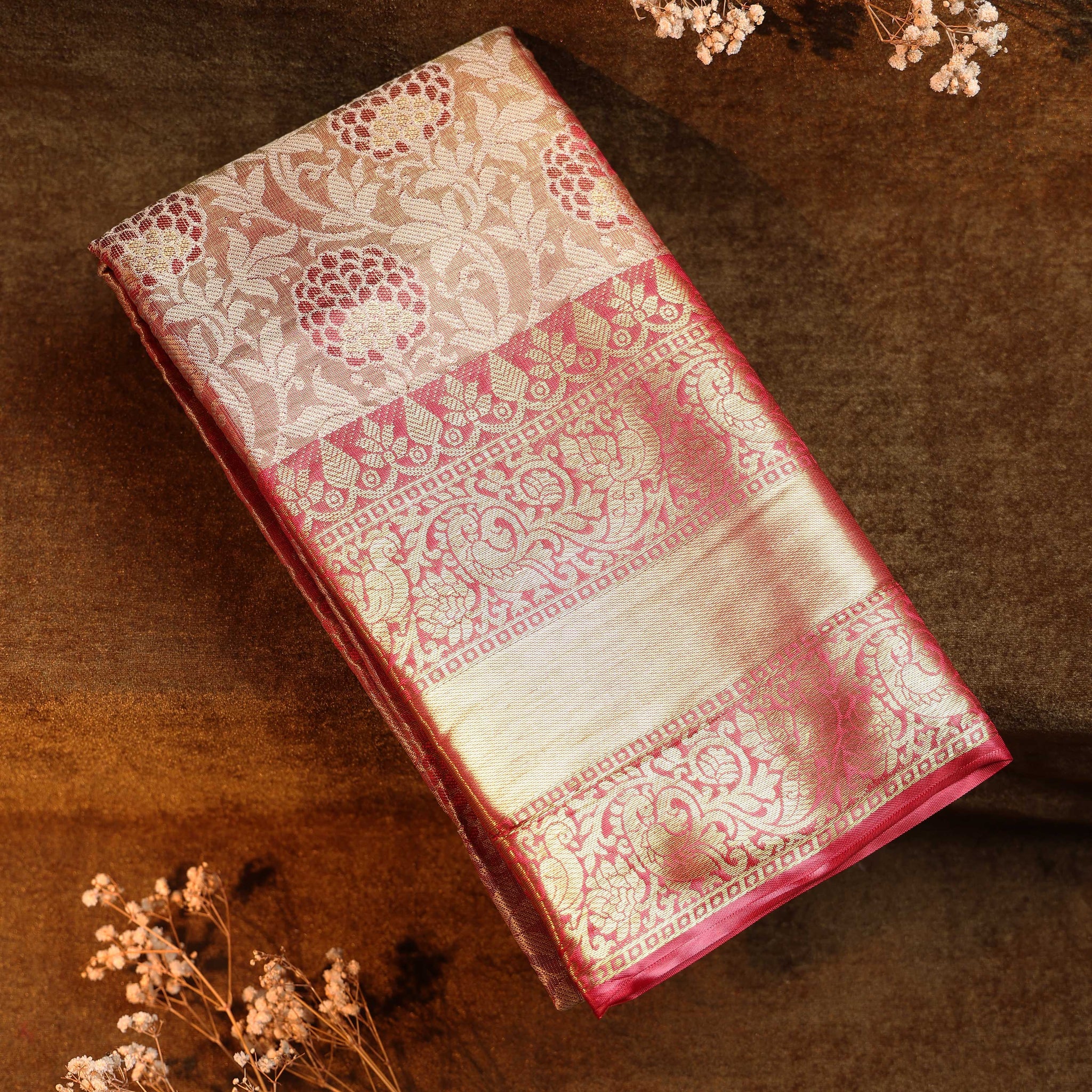 Ethnic Thread Design Litchi Silk Saree - Red