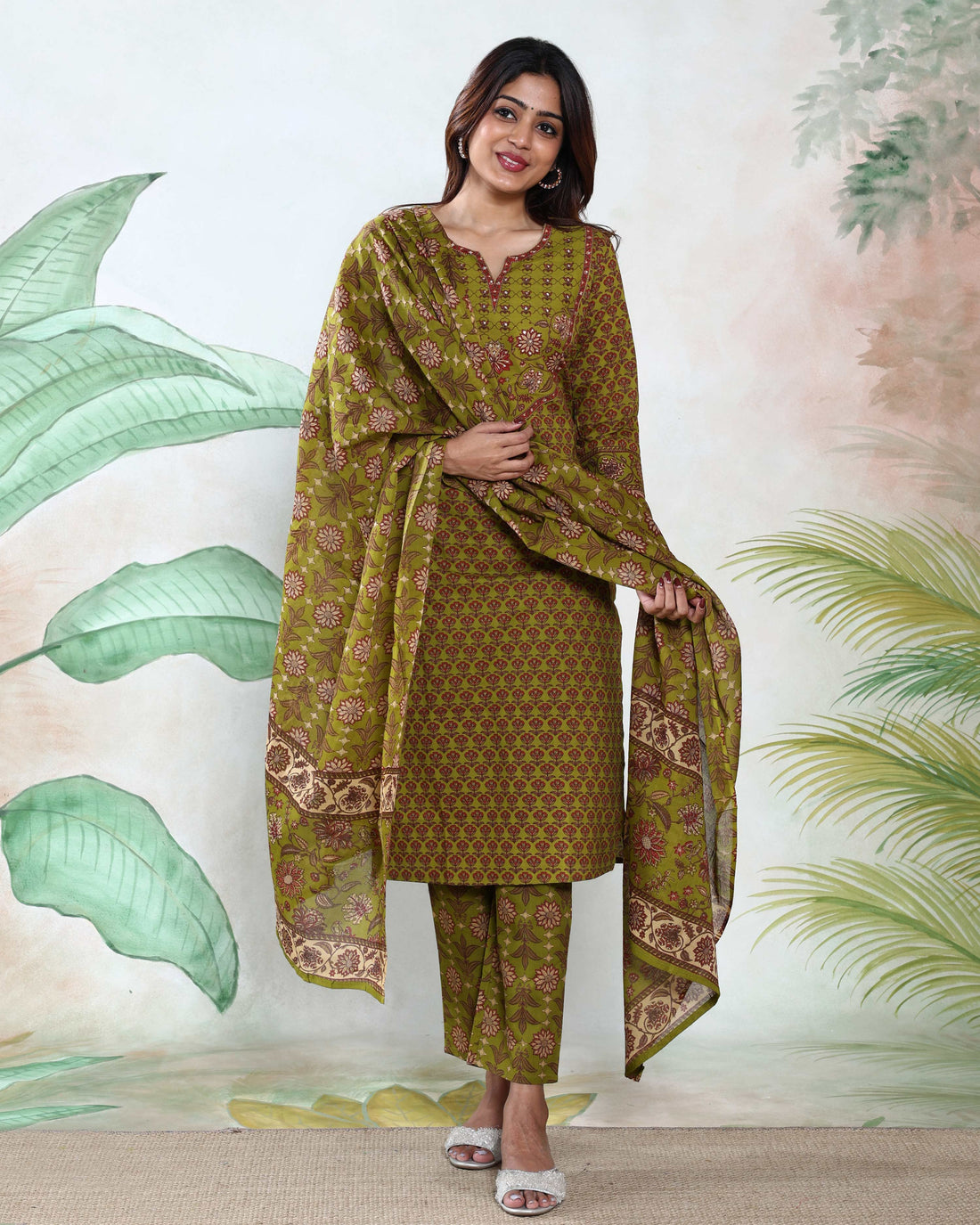 Women’s Printed Readymade Salwar Suit Set with Straight Kurta Matching Pants and Dupatta, Light Green