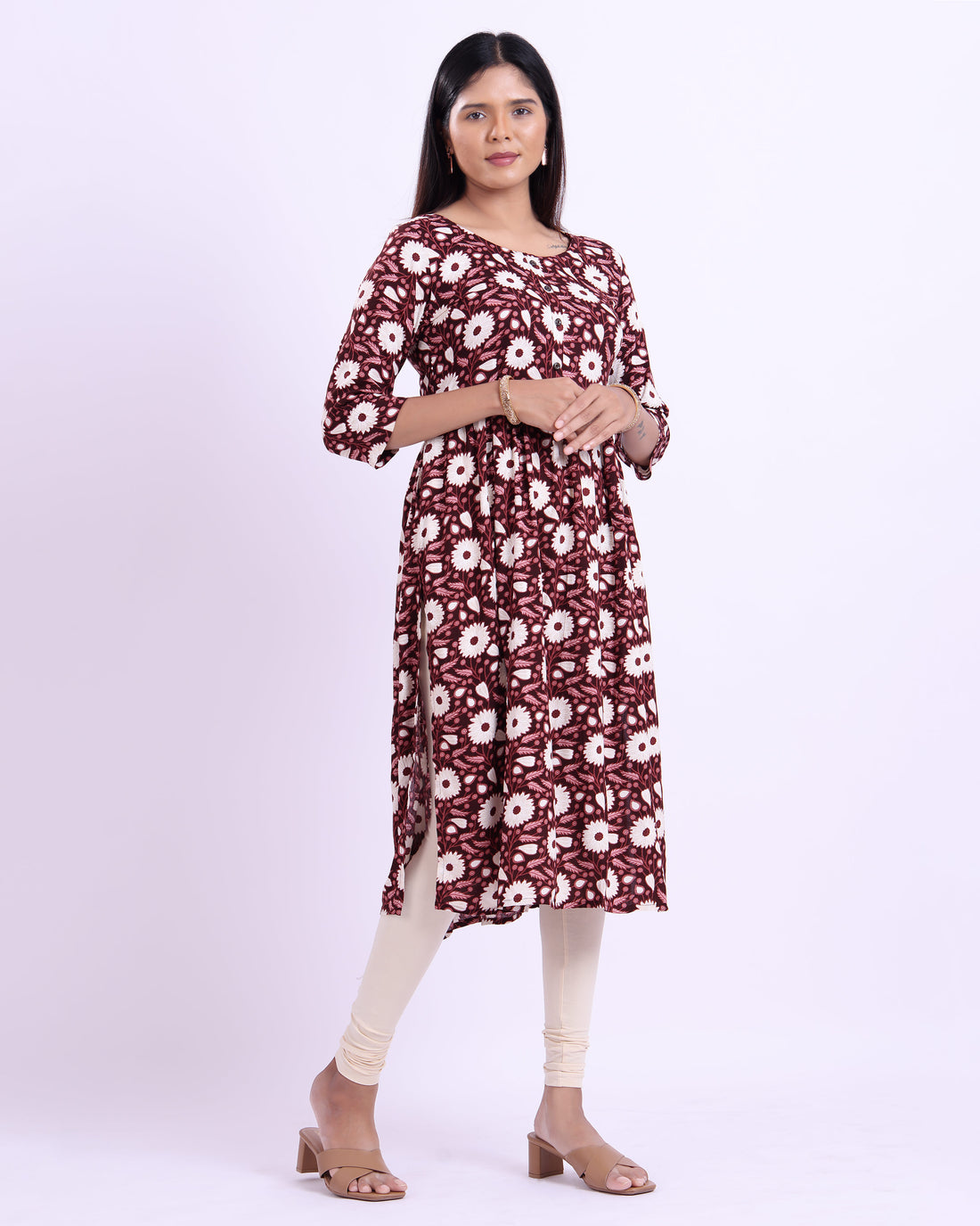 Women's Elegant Floral Printed Flared Kurta - Purple