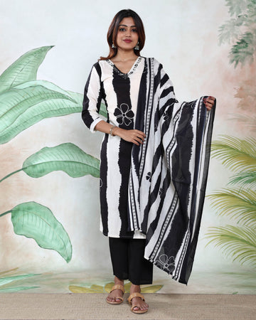 Women’s Floral Printed Straight-Cut Kurta Readymade Salwar Suit Set with Striped Dupatta and Matching Pants - Multi