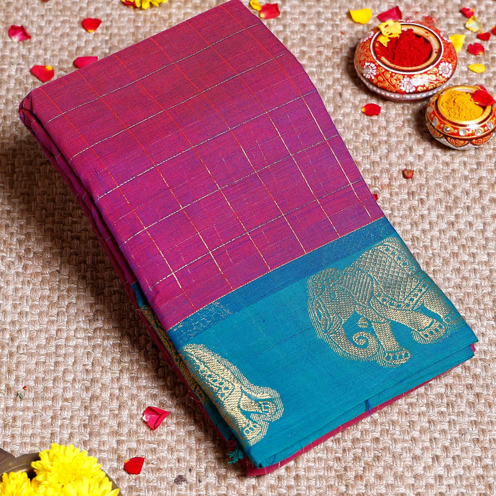 Traditional Chettinad Cotton Saree with Elephant Motif Border and Checkered Body  - Purple