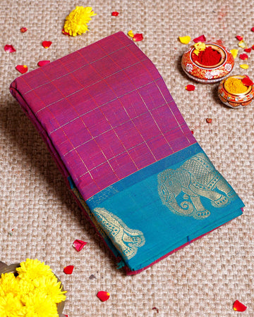Traditional Chettinad Cotton Saree with Elephant Motif Border and Checkered Body  - Purple