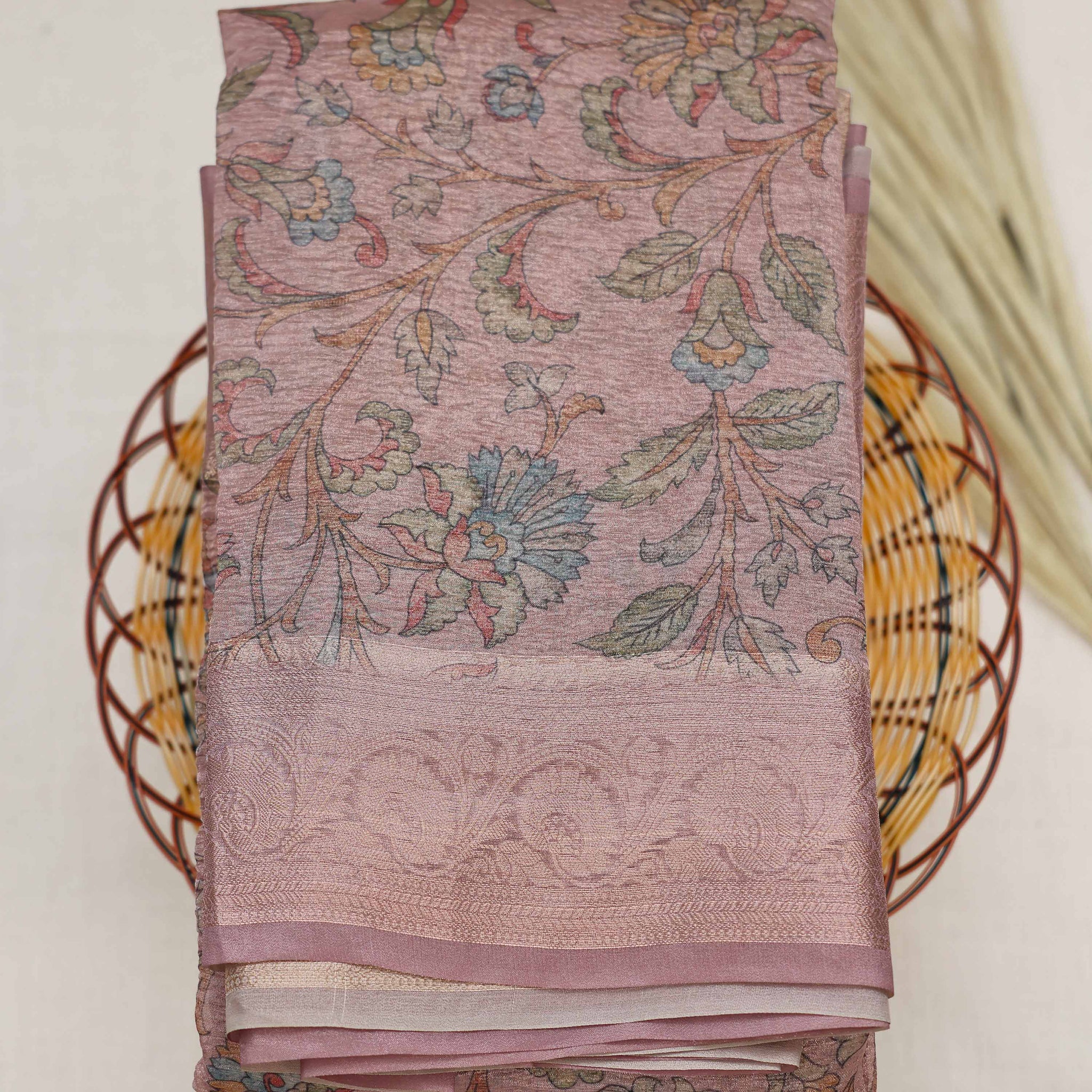 Onion Pink Color Printed Tissue Saree