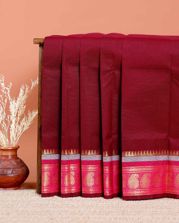 Chettinad Cotton Saree with Traditional Zari Border and Paisley Motifs - Maroon