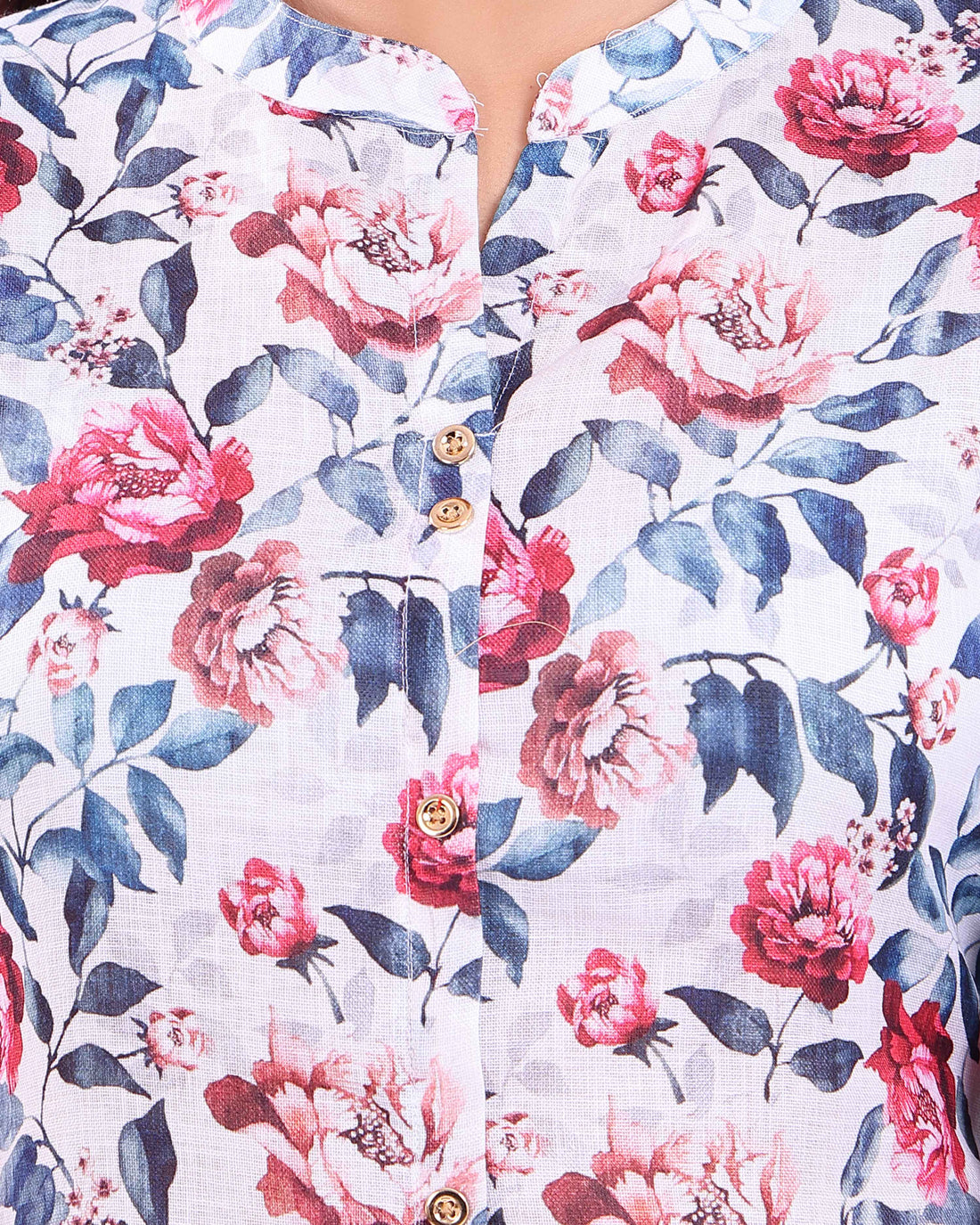 Floral Printed High-Low Kurta with Mandarin Collar and  3/4 th Sleeves - White
