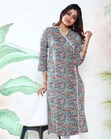 Women’s Elegant Floral Printed Wrap Style Kurta with V-Neckline Side Tie-Up Tassel Detail and 3/4th Sleeves - Green