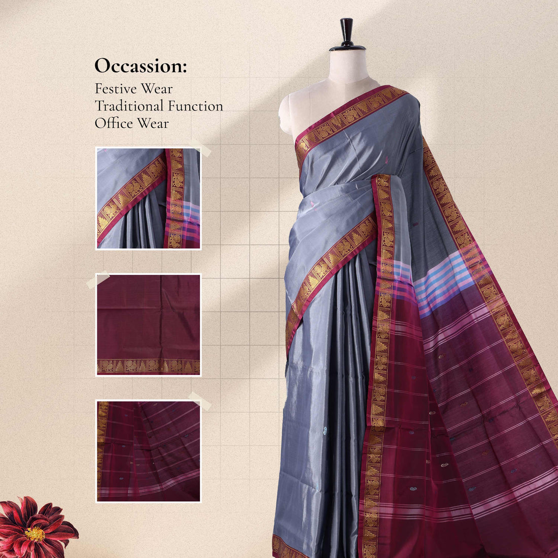 Charcoal Grey Banana Pith Semi Silk Saree for Women | Wedding & Festive occasion | Jeyachandran - Full View