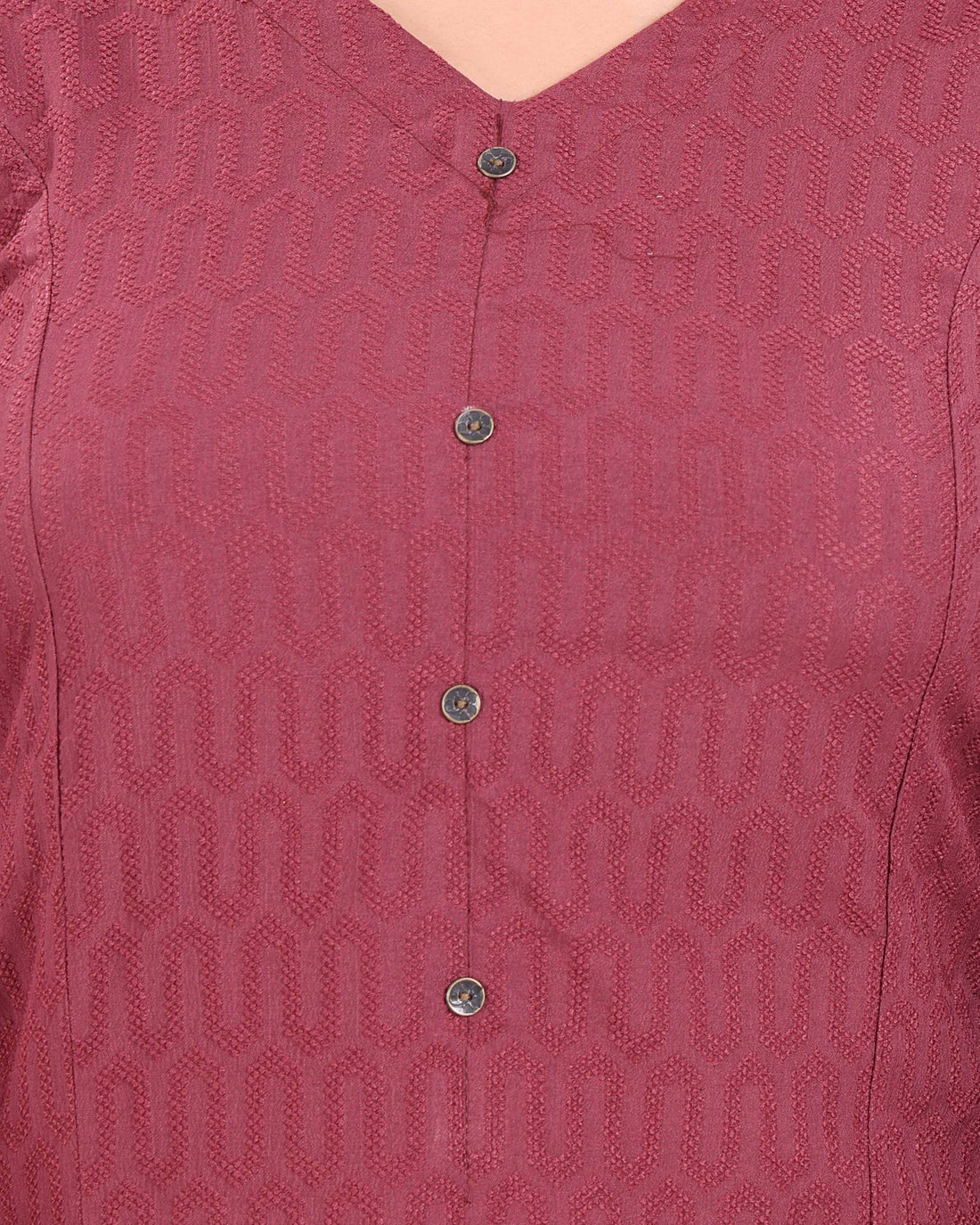 Solid Straight Kurta with V-Neck, Button Detail, and 3/4th Sleeves - Maroon