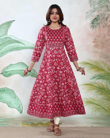 Women’s Ethnic Floral Printed Anarkali Kurta with Round Neck 3/4th Sleeves Gathered Flared Silhouette and Traditional Motif Design - Red