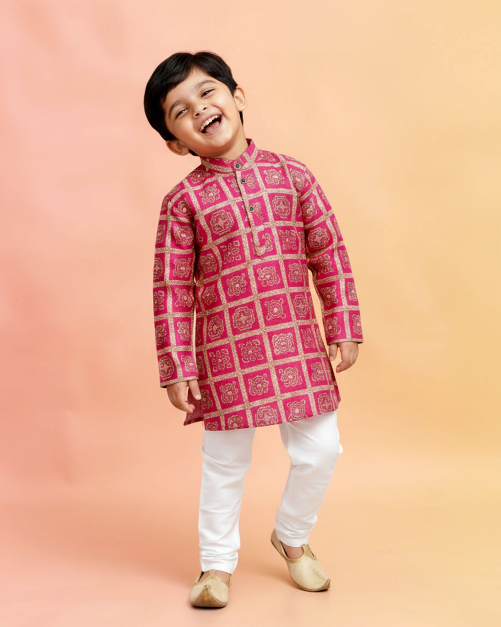Boys green kurta adorned with traditional Bandhani-inspired patterns in red and gold., Dark Green