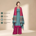 Light Blue Cotton Salwar Material With Magenta Contrast Dupatta, Striped Border And Tassel Detail Illustrated Front View
