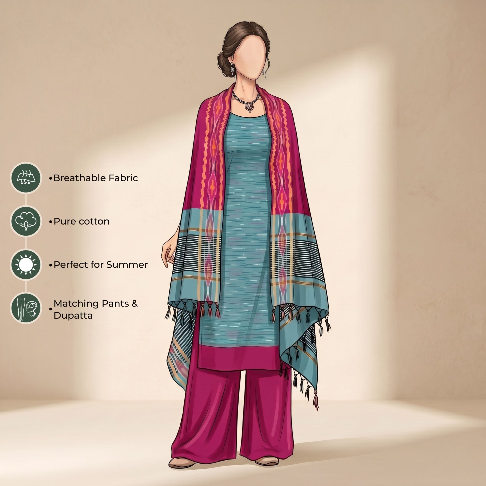 Light Blue Cotton Salwar Material With Magenta Contrast Dupatta, Striped Border And Tassel Detail Illustrated Front View