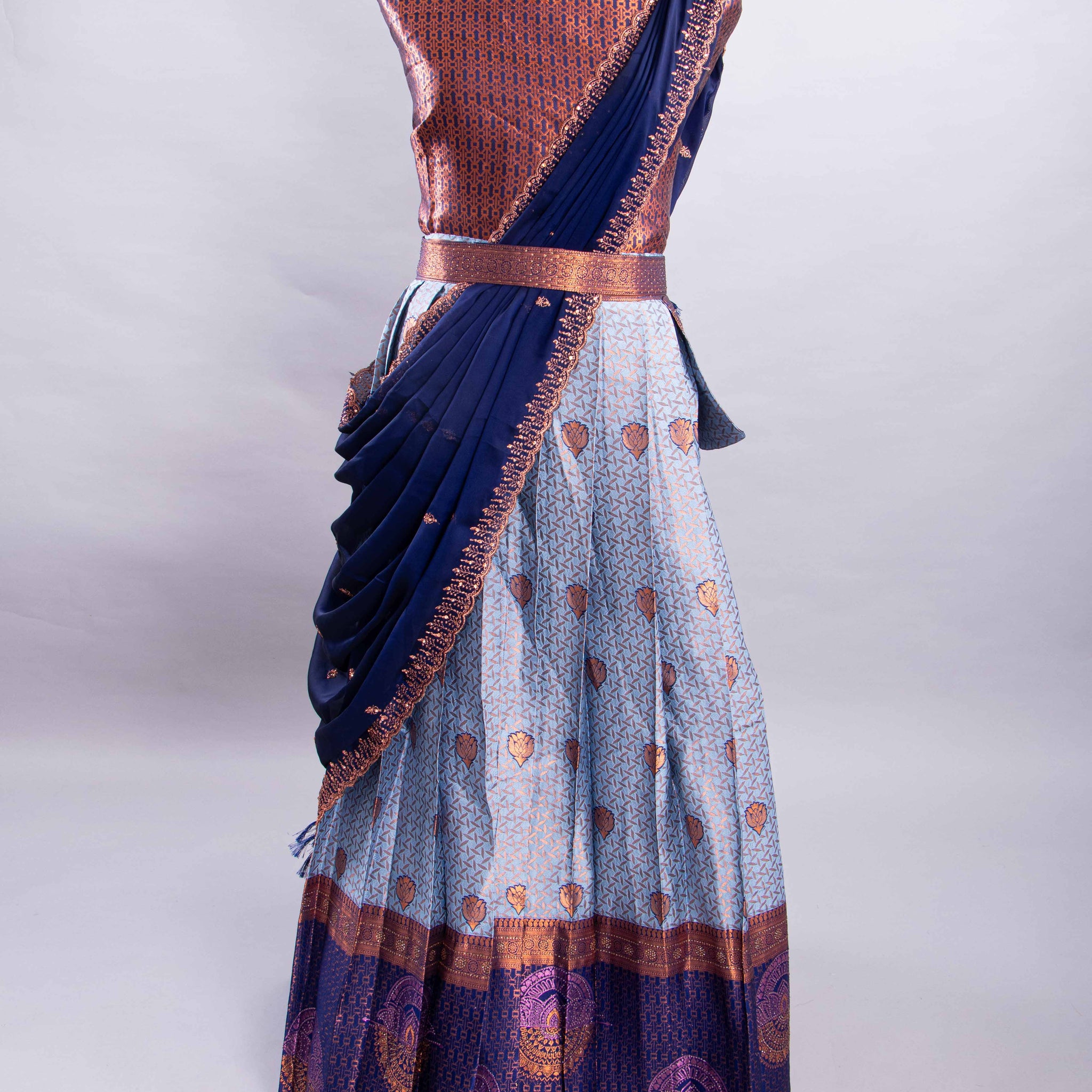 Blue With Copper Colour Printed Semi - Stitched Lehenga