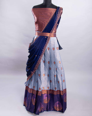 Blue With Copper Colour Printed Semi - Stitched Lehenga