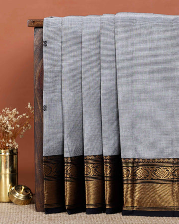 Elegant Handloom Chettinad Cotton Saree with Zari Woven Traditional Temple Border and Subtle Body - Grey