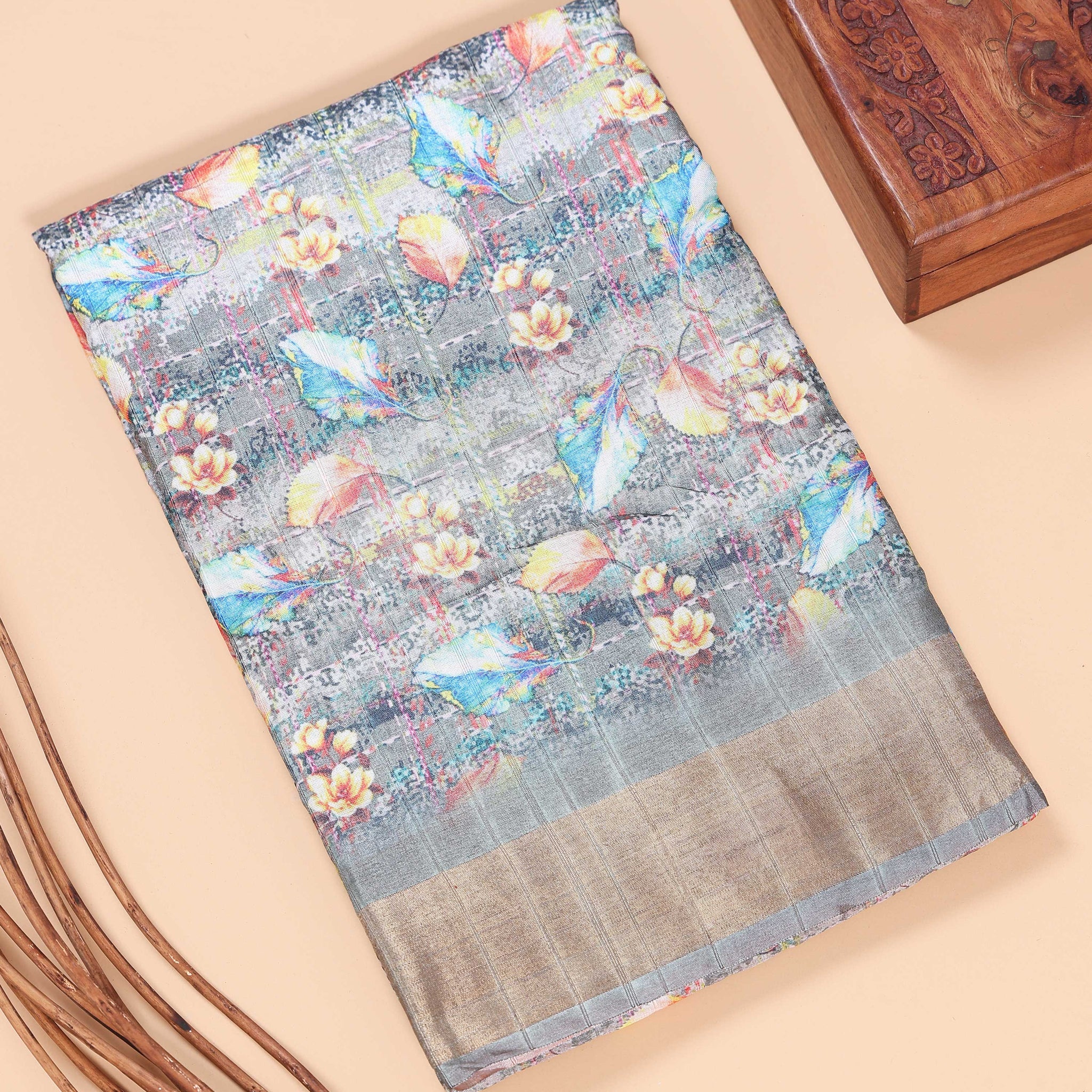 Floral Pattern Dola Silk Saree With Woven Border - Multi