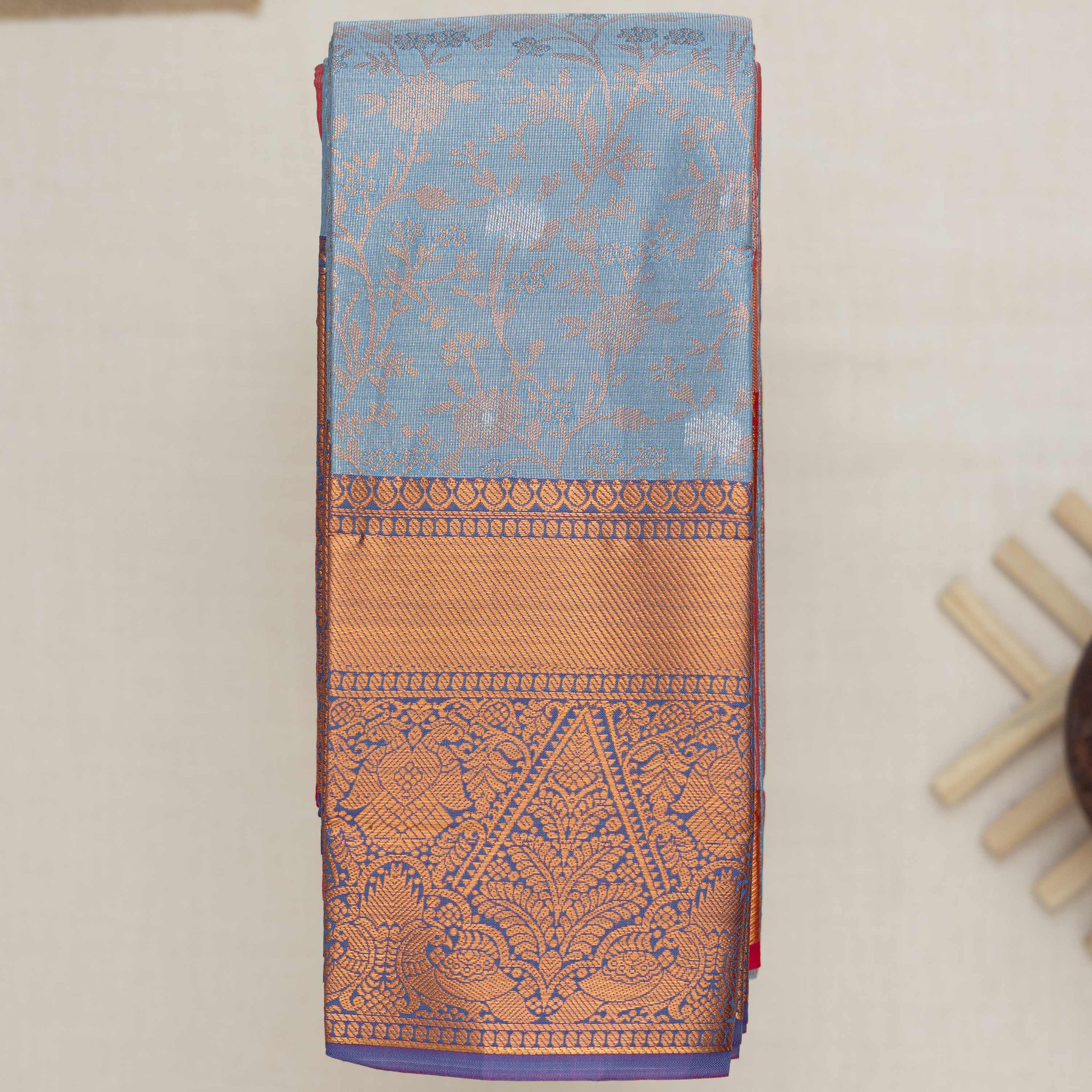 Blue Printed Kanchipuram Tissue Saree