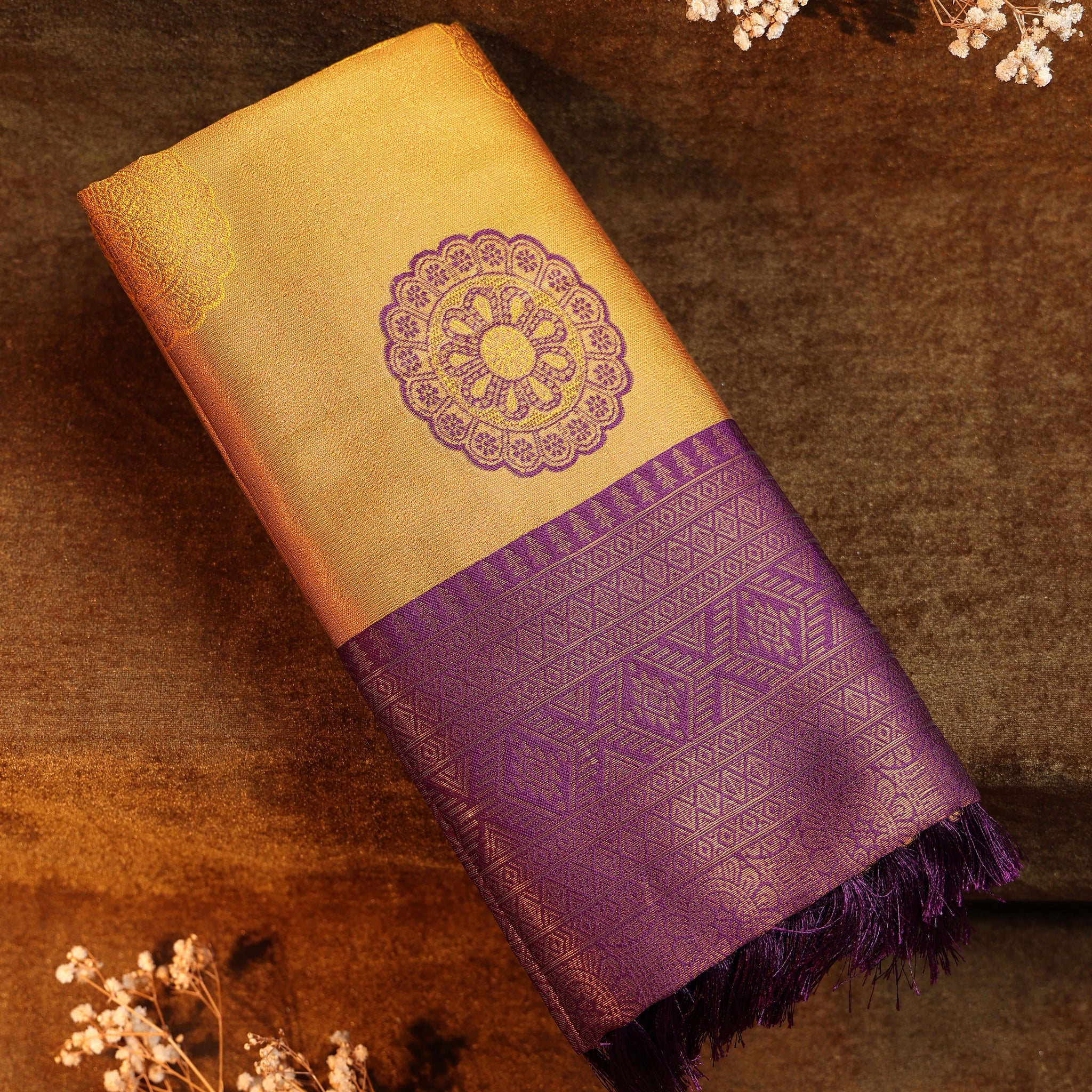 Zari Woven Litchi Silk Saree - Mustard