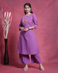 Women’s Elegant Straight Kurta Set with Intricate Embroidered Yoke 3/4th Sleeves and Comfortable Coordinated Pants, Lavender