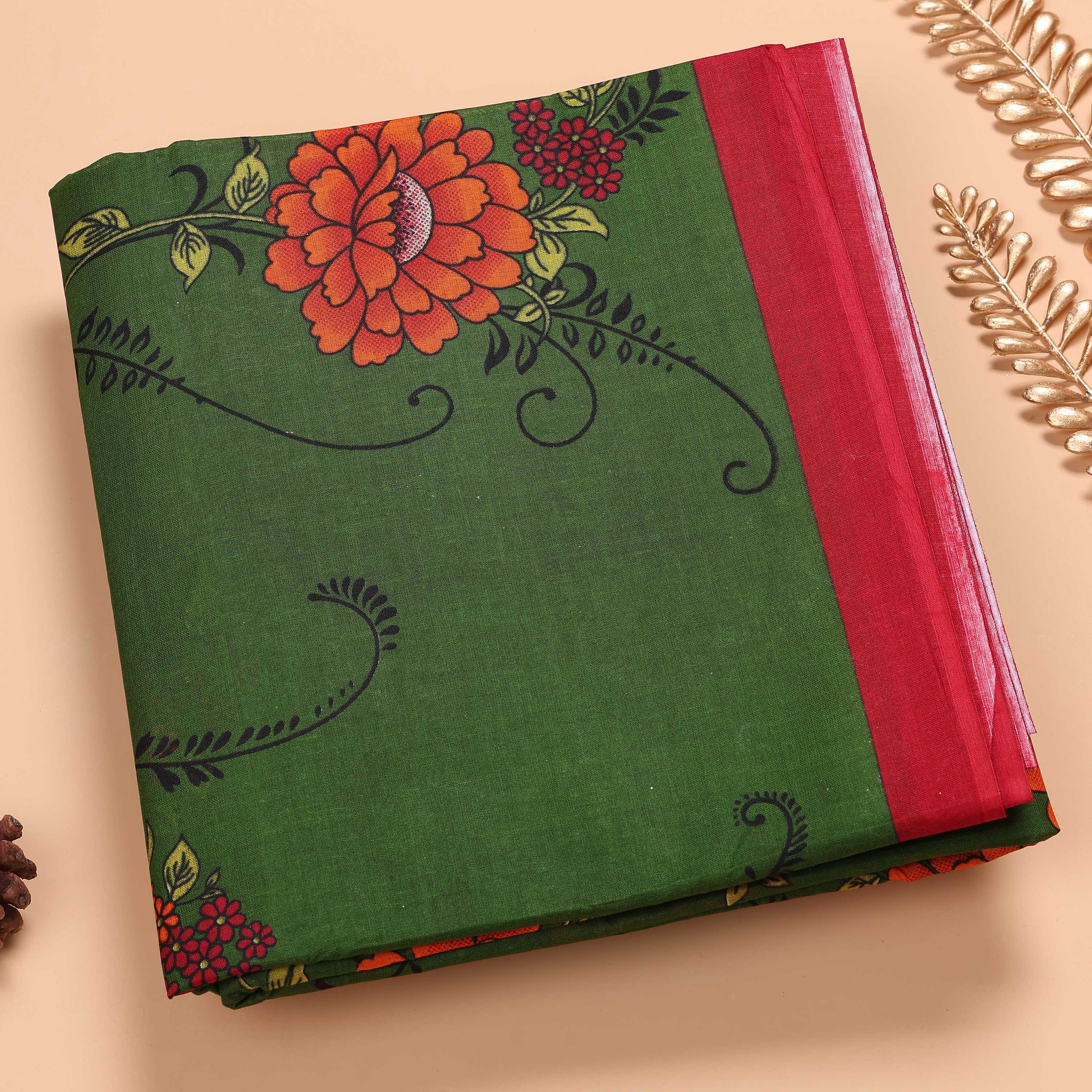 Green Voile Cotton Saree Without Blouse