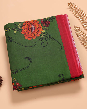 Green Voile Cotton Saree Without Blouse