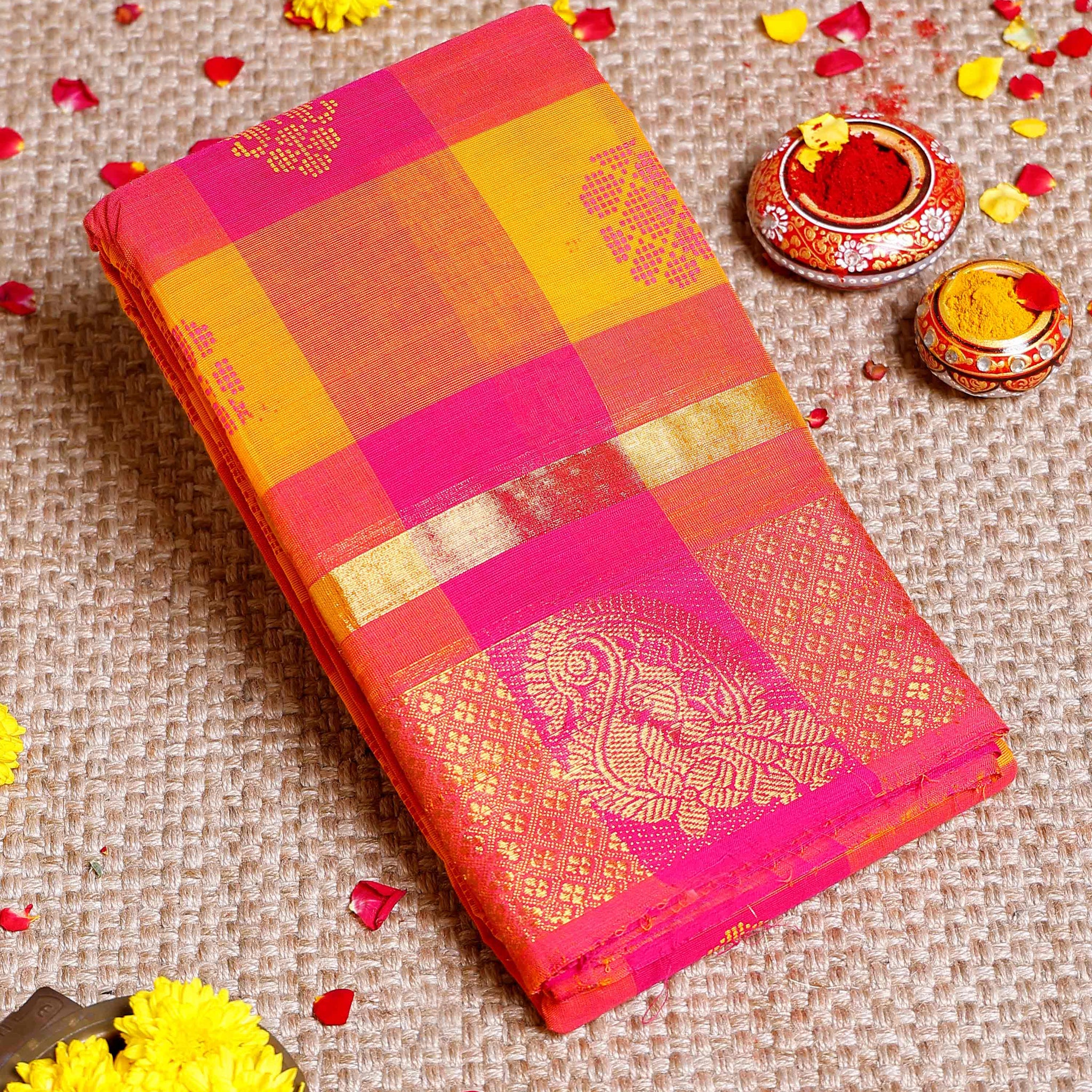 Elegant Chettinad Cotton Saree with Checks and Rich Zari Woven Pallu - Multi