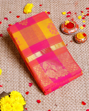 Elegant Chettinad Cotton Saree with Checks and Rich Zari Woven Pallu - Multi