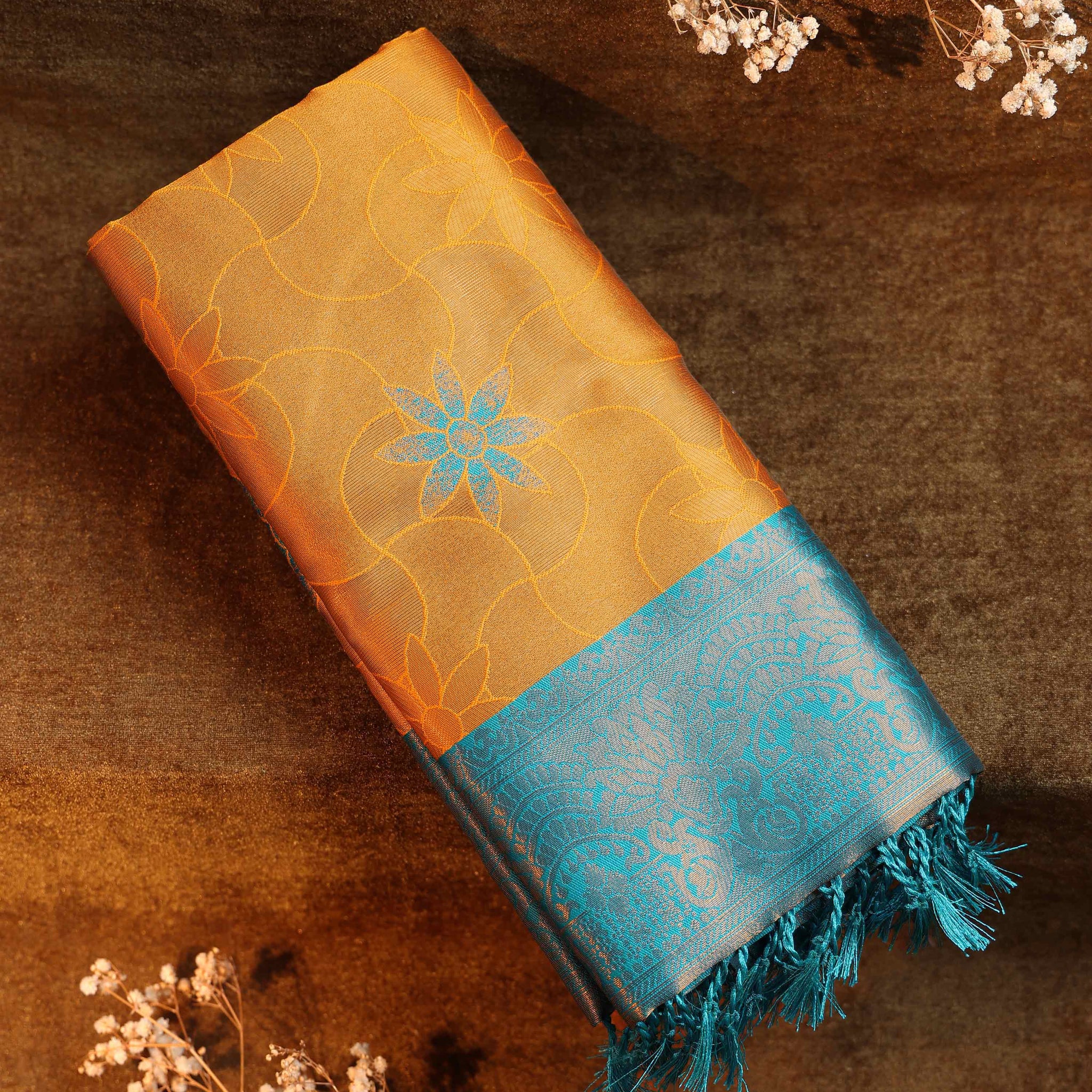 Golden Yellow Color Lichi Silk Saree