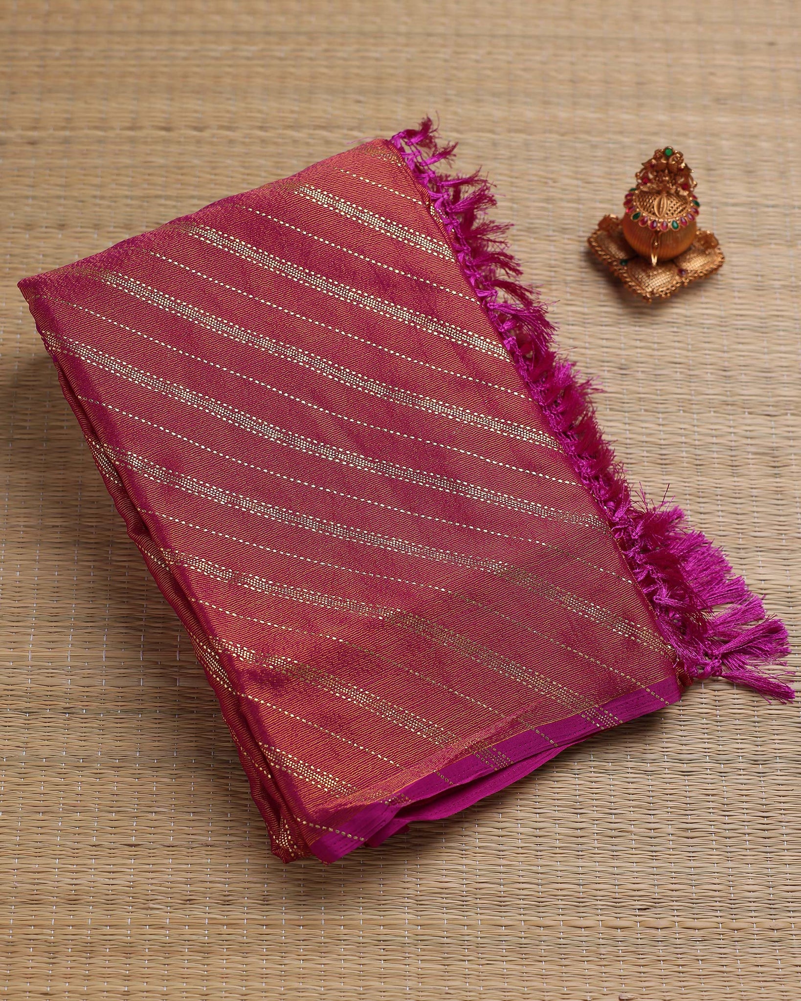 Elegant Striped Fancy Saree with Textured Finish and Fringed Pallu - Maroon