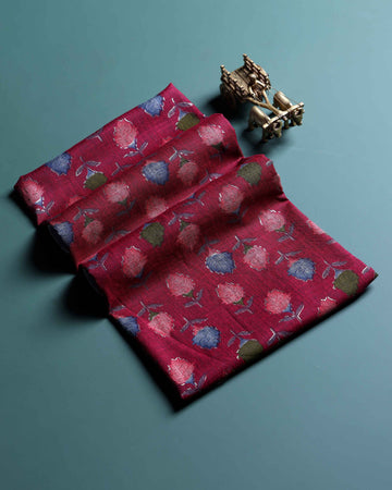 Women's Handloom Cotton 1 Meter Blouse Material with Floral Motifs  - Maroon