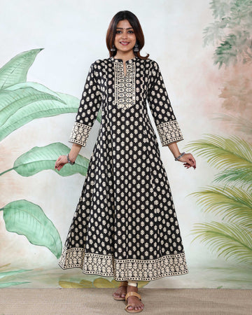 Women’s Ethnic Floral Printed Anarkali Kurta with Mandarin Collar 3/4th Sleeves Panelled Flared Design and Border Hemline - Black