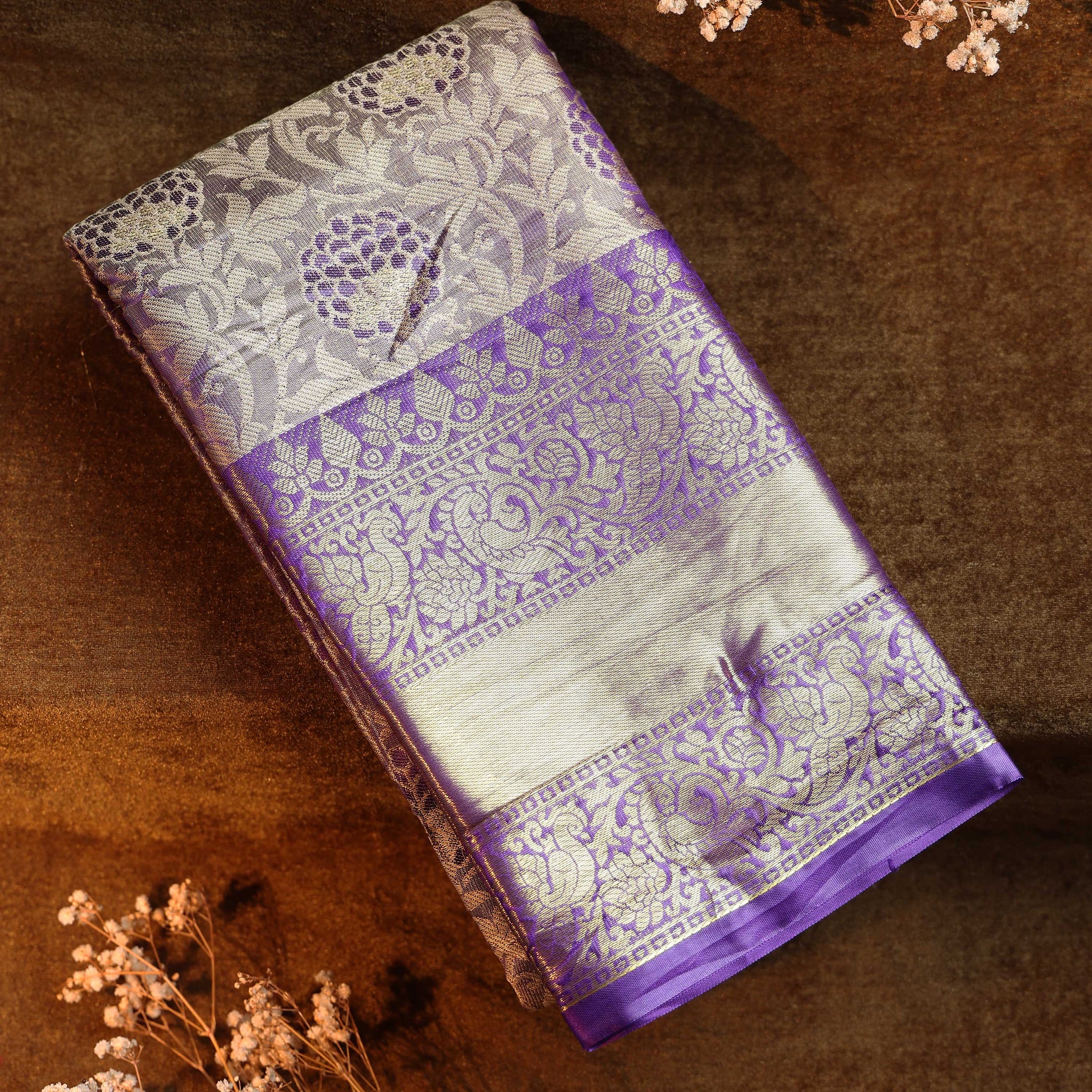 Ethnic Thread Design Litchi Silk Saree - Purple