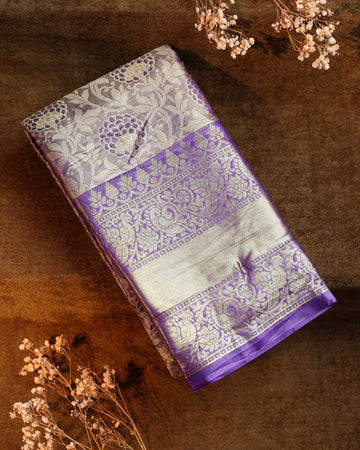 Ethnic Thread Design Litchi Silk Saree - Purple