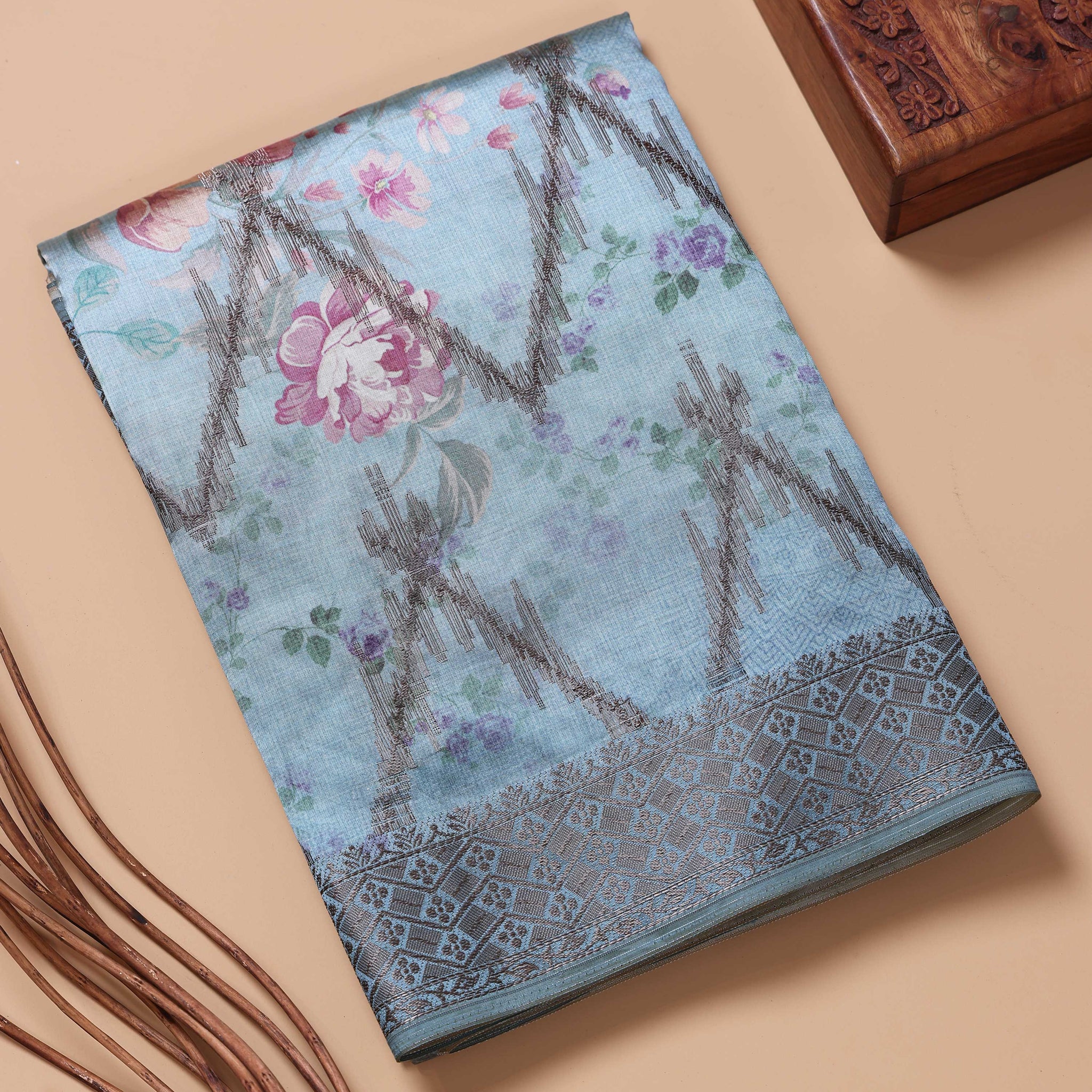 Floral Pattern Dola Silk Saree With Woven Border - Blue