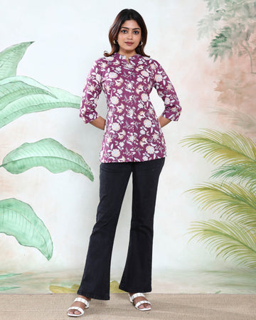 Women’s Floral Printed Straight Kurti with Mandarin Collar 3/4 th Sleeves and Full Front Button Placket - Purple