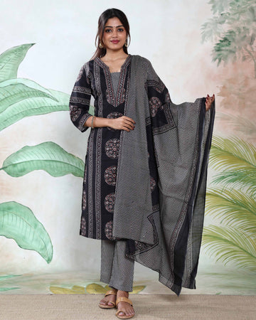 Women’s Printed Straight Cut Kurta with Pants & Dupatta Elegant Ethnic Readymade Salwar Suit Set - Black