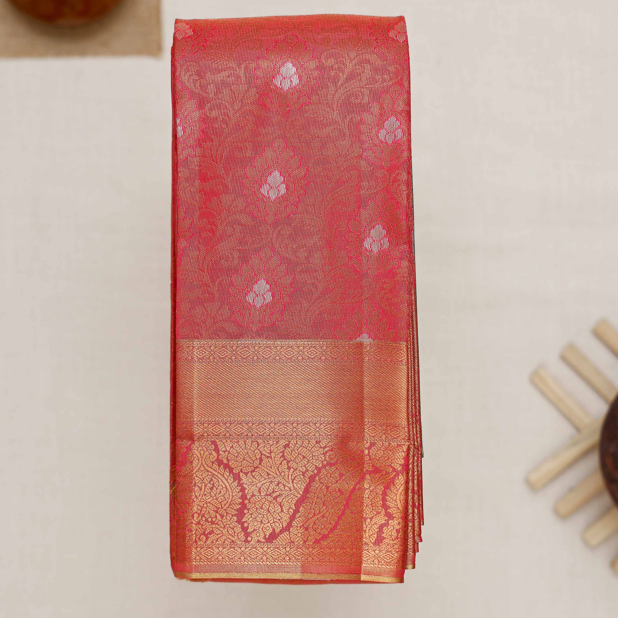 Coral Pink Printed Kanchipuram Tissue Saree