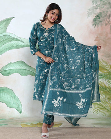 Women’s Floral Printed Readymade Salwar Suit Set with Dupatta Elegant Straight Kurta with Coordinated Pants -  Teal Green