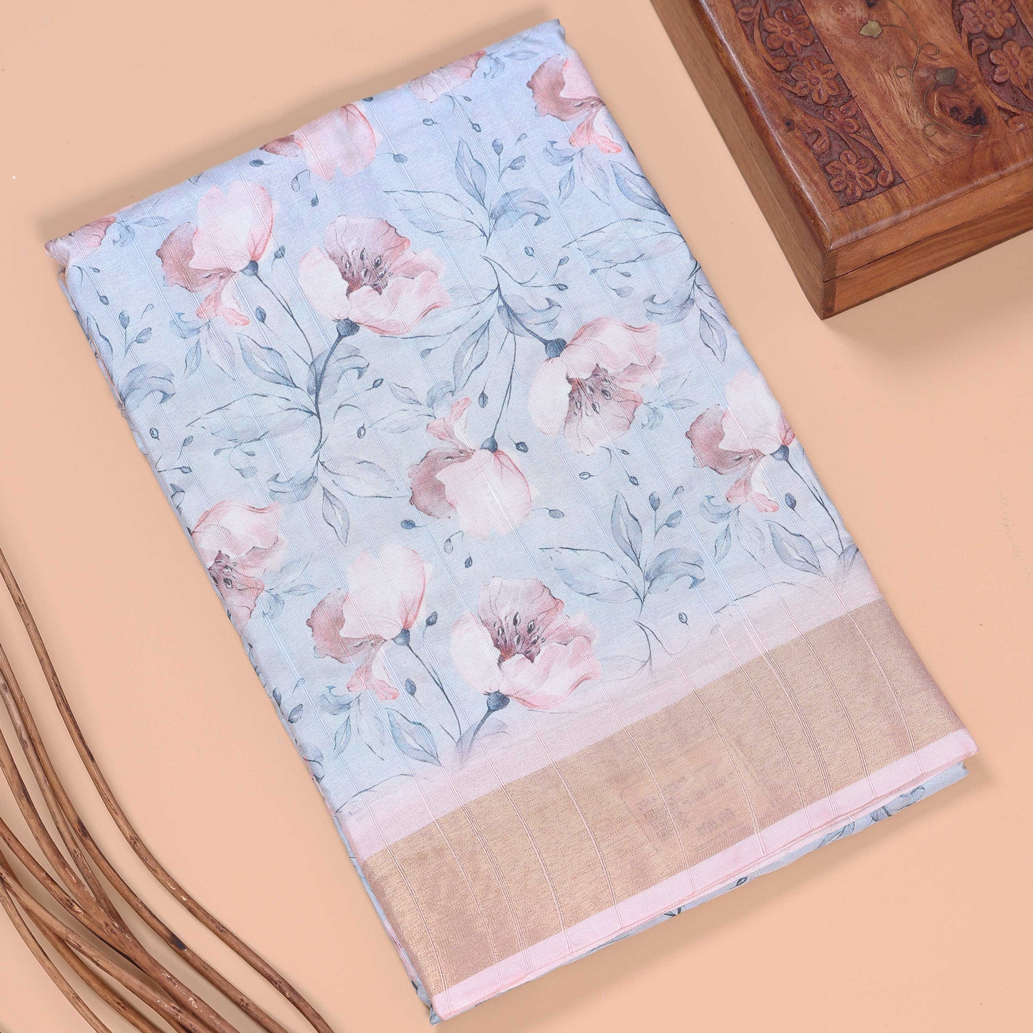 Floral Pattern Dola Silk Saree With Woven Border - Blue