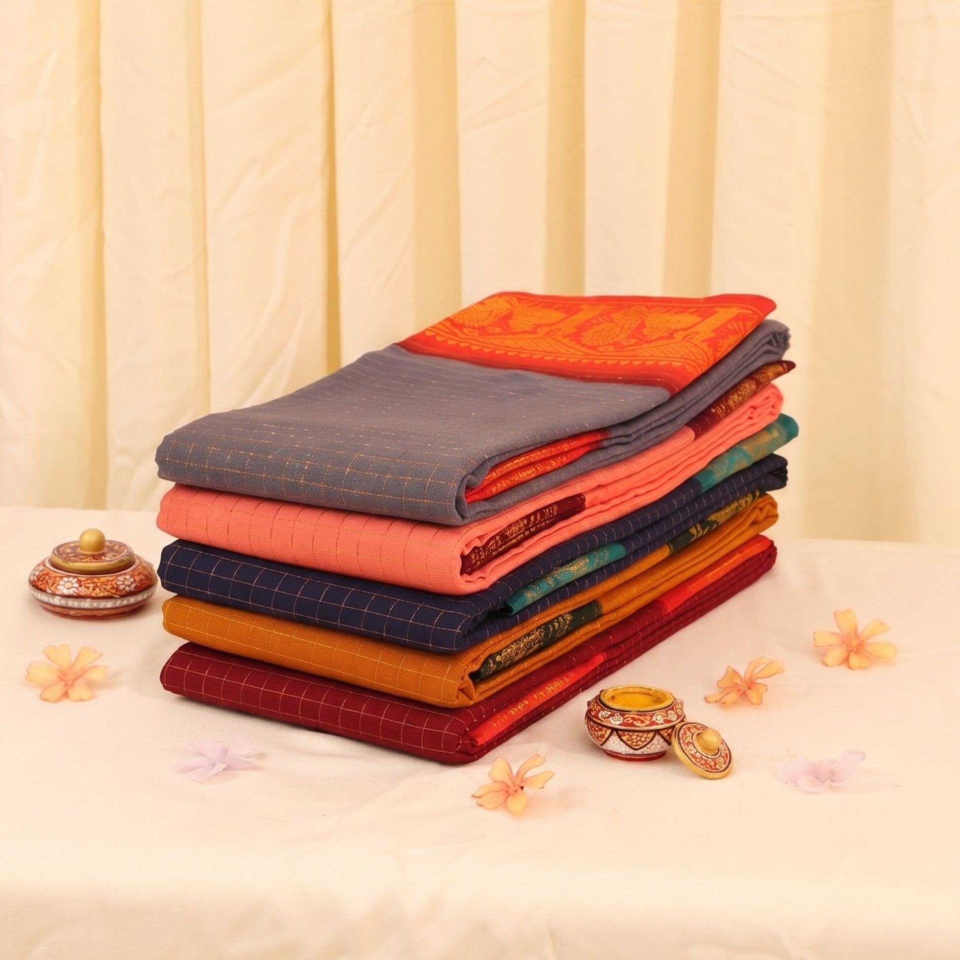 Sungudi cotton saree with checked weave and contrasting zari border in grey, pink, mustard, and maroon folded stack front view
