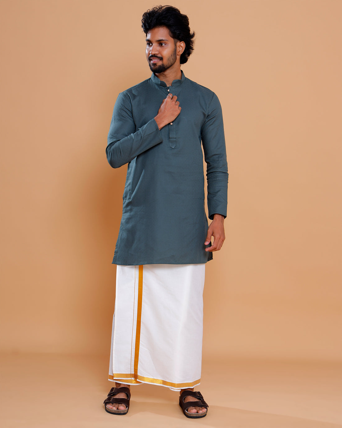 Elegant Men's Woven Design Kurta with Mandarin Collar and Full Sleeves  - Grey