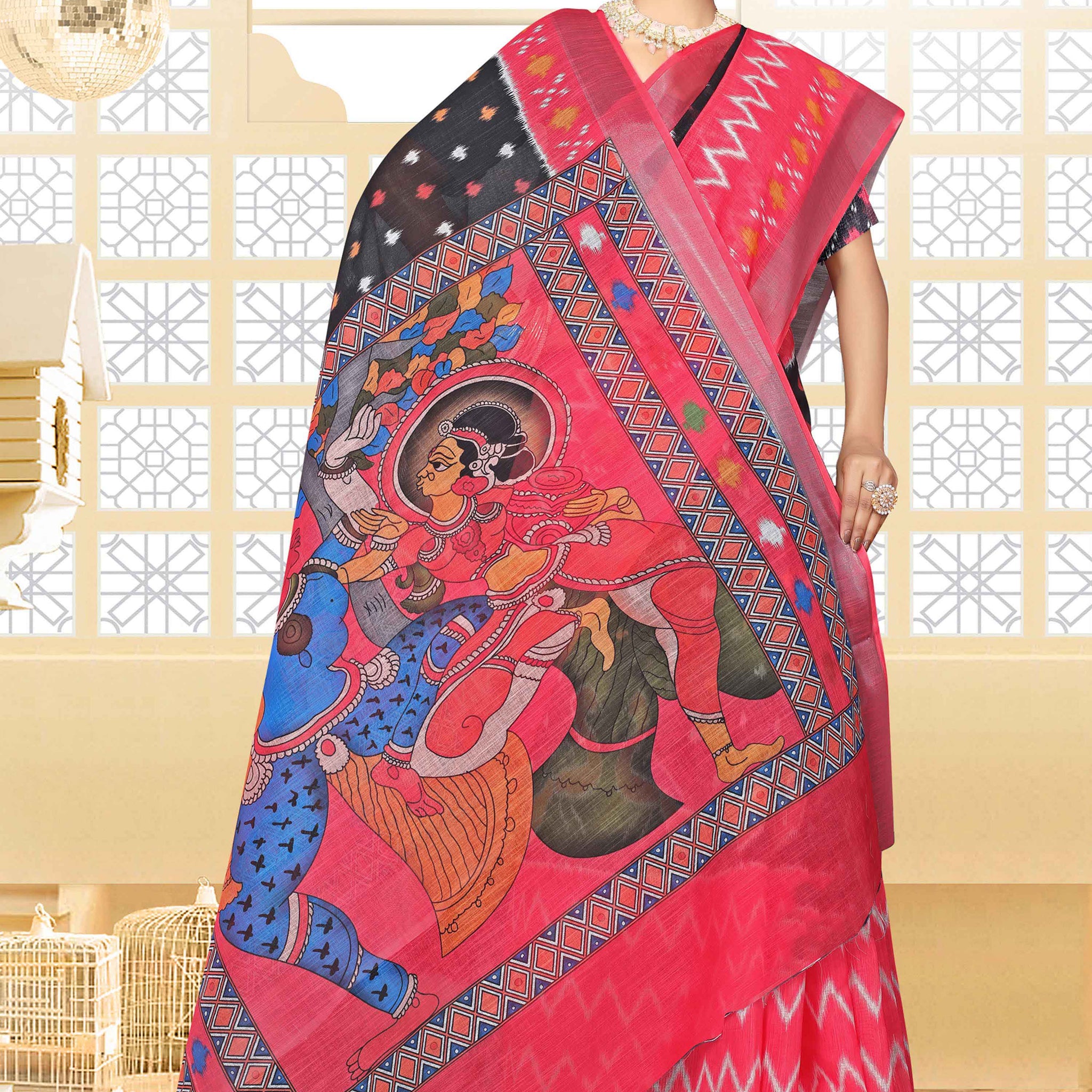 Handwoven Linen Cotton Saree with Ikkat Print and Traditional Motifs - Multi